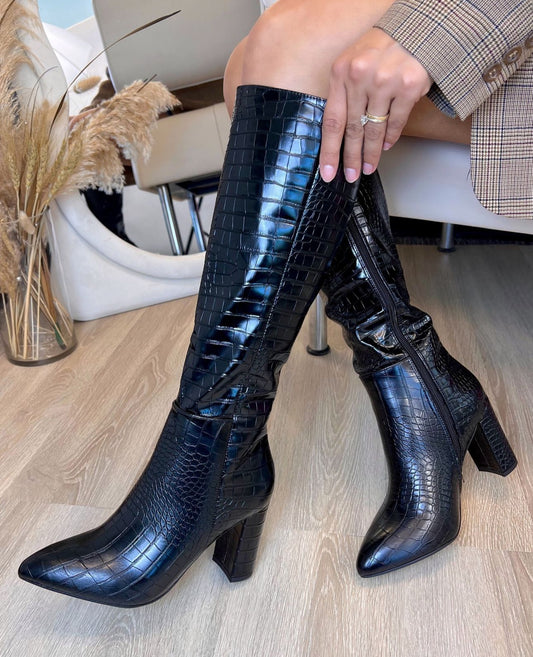 VALENTINA | BLACK CROC PATENT LADIES BOOT WITH SIDE ZIPPER