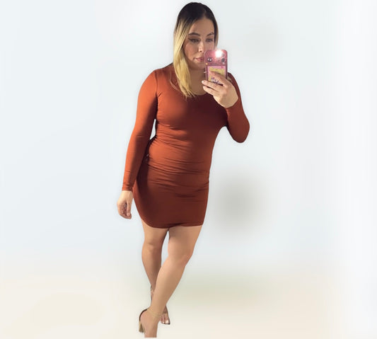 DOUBLE LAYER V NECK DRESS | DARK AMBER | RUST